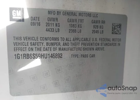 2017 Chevrolet Volt Premier from USA, damaged, VIN 1G1RB6S59HU146892
